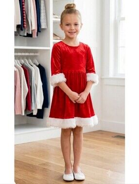 Holiday Time Girls Red Velvet Christmas Dress Faux Fur Trim Size S 6-6X